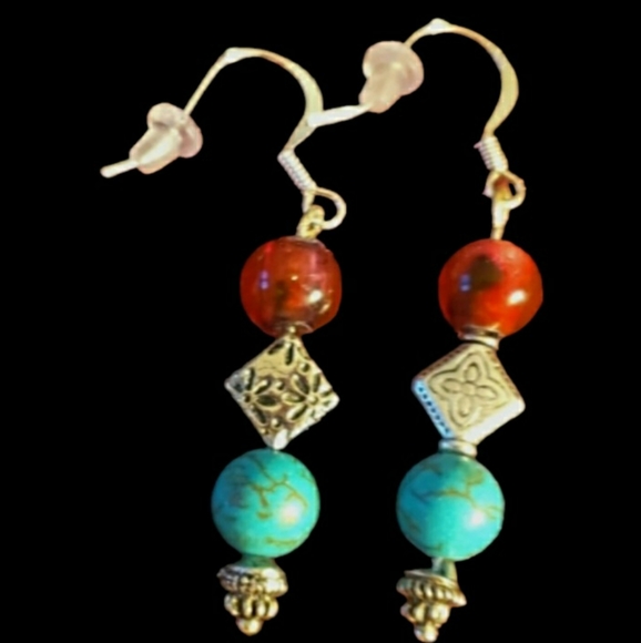 Artisan Deep Orange, Turquoise, and Silver Hand Crafted Beaded Dangle Ea… - Picture 5 of 6